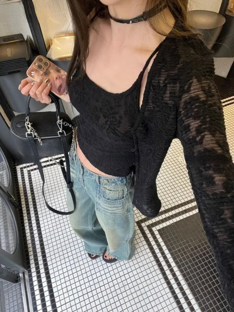 Y2k Aesthetic Lace Jacquard Womens Cardigan Harajuku Vintage Single Breasted Slim Tops Japanese Grunge Fashion Pull Femme Mujer 240830