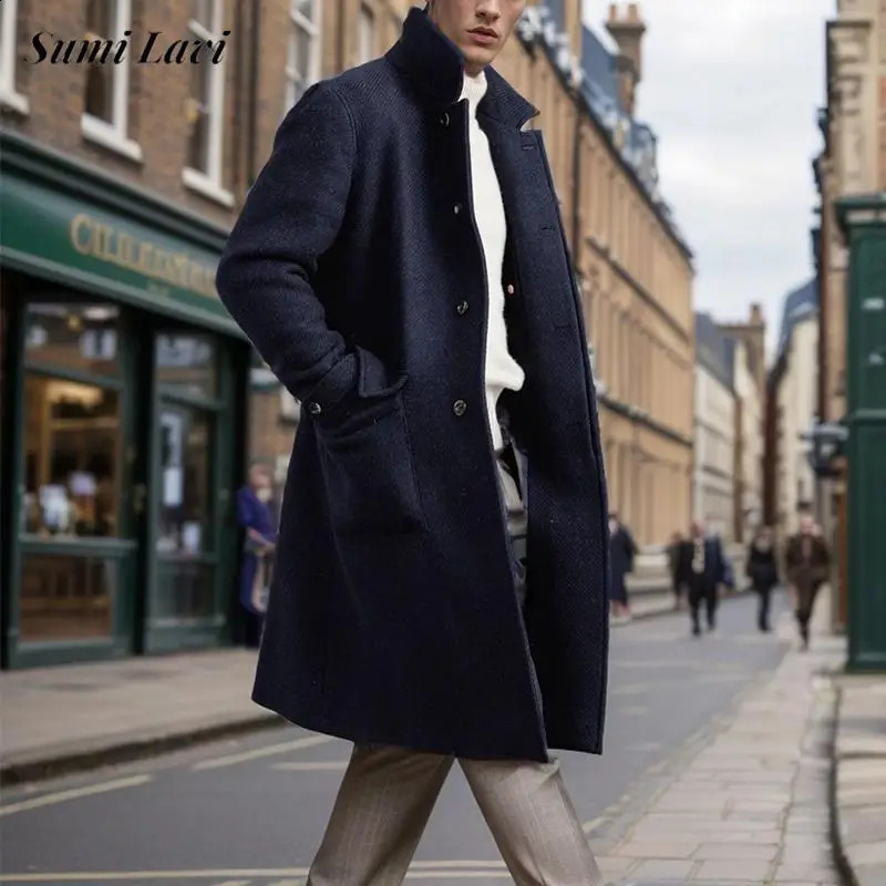 Classy Trench Coats Men Windbreaker Fall Winter Warm Thick Woolen Overcoats Vintage Belt Laceup Buttonup Lapel Mens Outerwear 240830