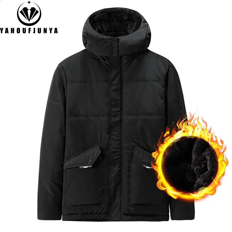 Winter Men Outdoor Windproof Warm Solid Hooded Parka Jacket Men Waterproof Fleece Zipper Casual Fashion Jacket Male Coat 240830