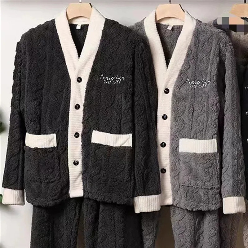 Mens Warm Pajama Set Autumn Winter Thick 2-piece Set Flannel Pajama Loose Long Sleeve Solid Home Clothes Set 240830