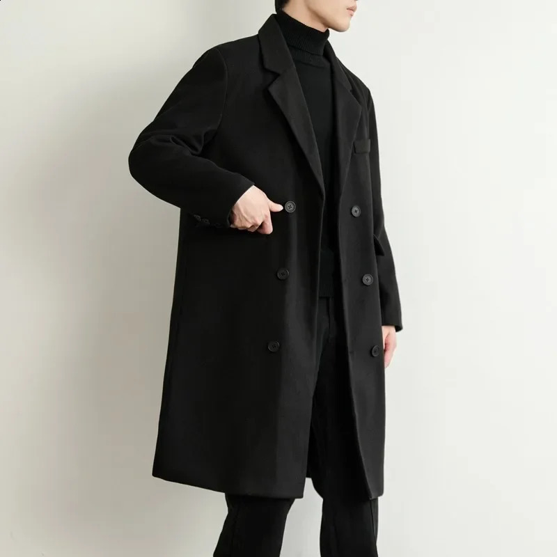 Hiver Mens manteau à la mode et chaude à moyen à long brise-vent en laine de laine de la longueur du genou Trench Men 240830