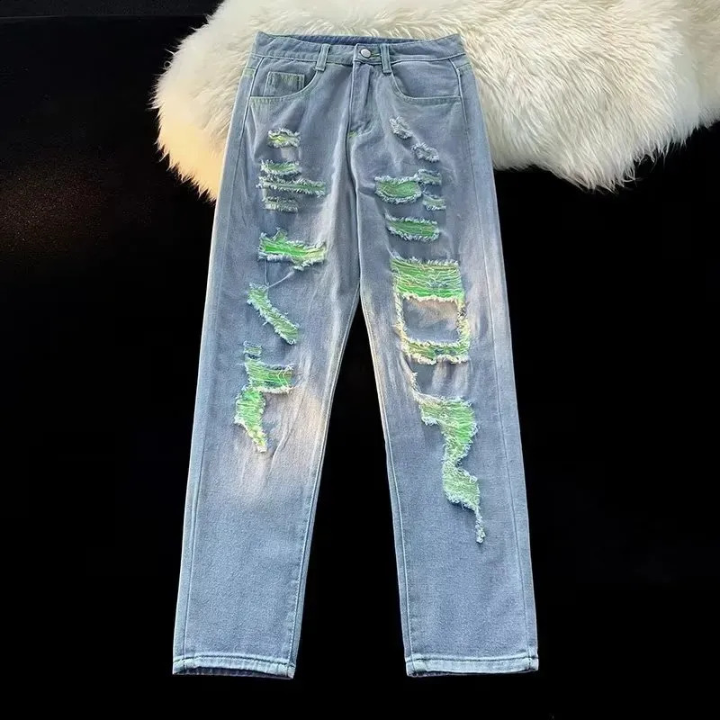 Spring Summer Jeans Mens Clothing High Street Ripped Straight Pants Button Pocket Loose Fashion Trousers A042 240830