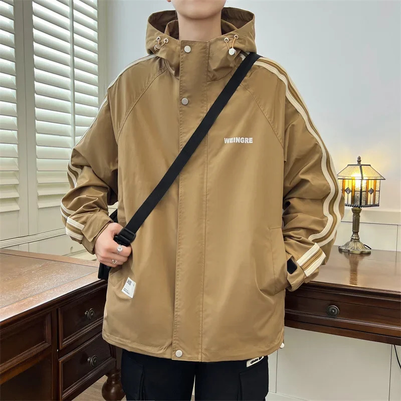 Trendy White Hooded Jacket For Men Loose Fit Autumn Winter Casual Style Working Uniform Student Fashion Outerwear 240830