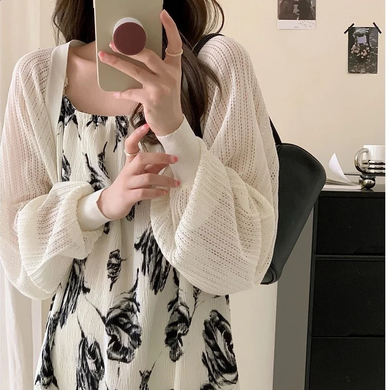 White Knitted Cardigan Women Summer Thin Sunscreen Knitwear Tops Female Korean Style Lantern Sleeve Short Coat Shrug 240830
