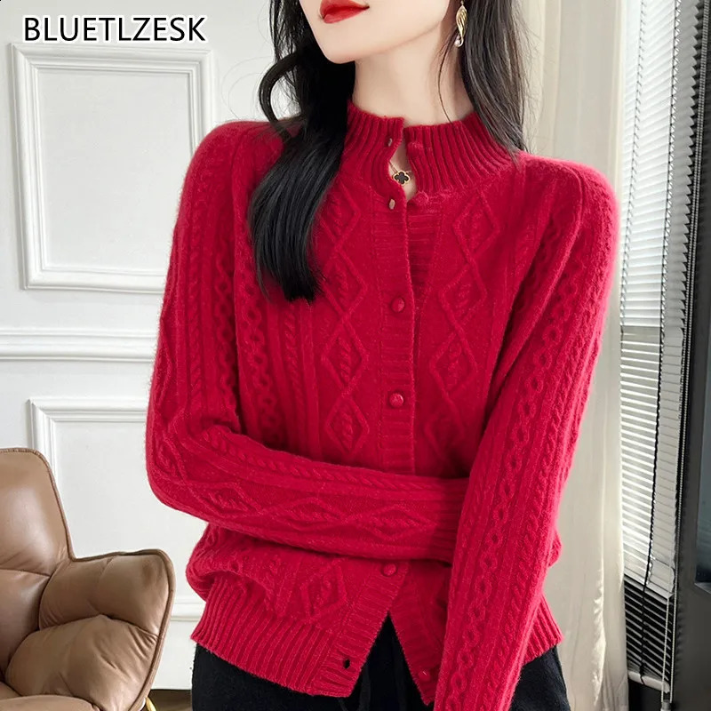 100% Wool Cashmere Cardigan Autumn Winter Half High Collar Twist Coat High-End Knitwear Sweater Shirt Loose Women Thick Tops 240830