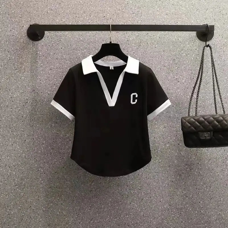 2023 Summer Womens Tshirt Short Sleeve Polo Turndown Collar Fashion Solid Patchwork Letter Casual Elegant Tops 240830