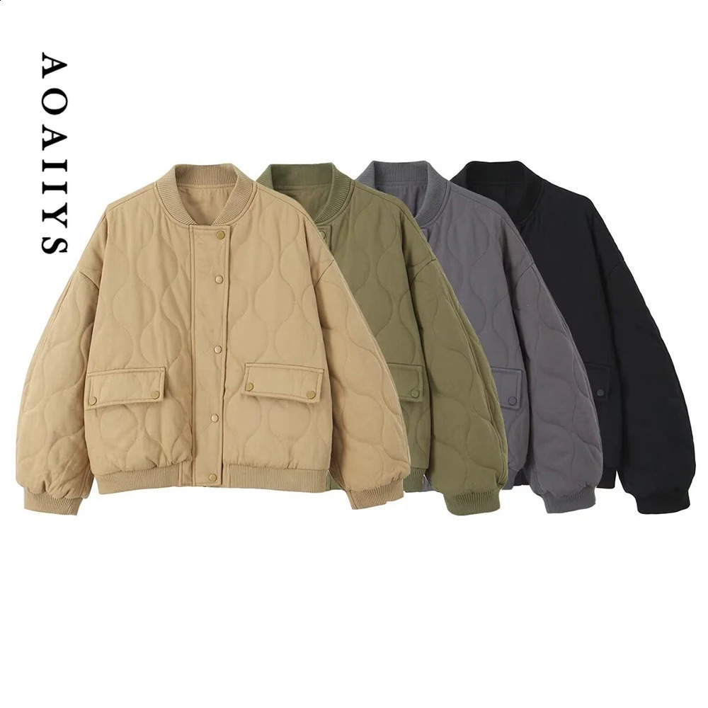 Aoaiiys Parkas for Women Loose Coat Long Sleeve Single Breasted Jacket Stand Collar Fashion Warm Pockets Outerwear Autumn Winter 240830