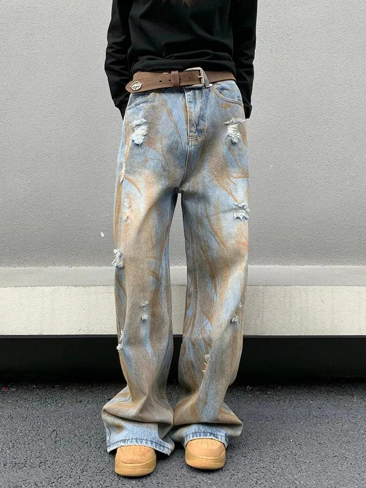 Ripped Jeans Mens Clothing Made Old Y2K Straight-leg Pants Loose High Street Trousers A070 240830