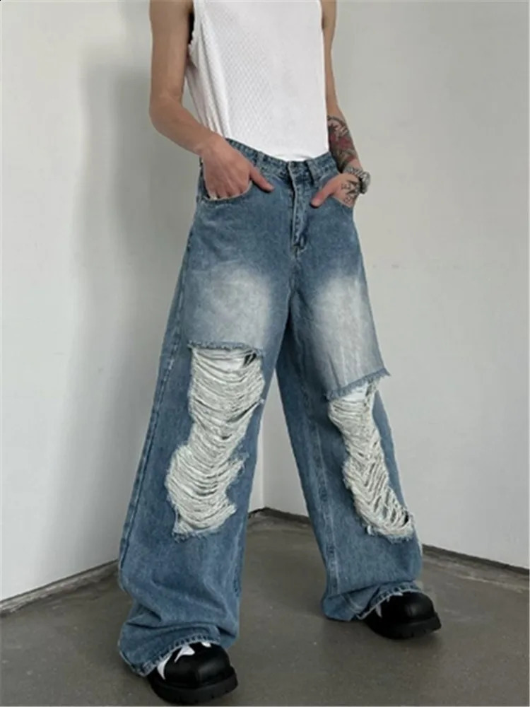 Jeans Mens Clothing Solid Color High Street Wash Wide Leg Pants Ripped Button Pocket Loose Spring Summer Trousers A002 240830