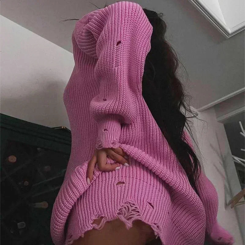 Autumn Winter Streetwear Ripped Hole Women Knitted Sweaters Pullovers Long Sleeve Solid Color Loose Aesthetic Sweater y2k Women 240830