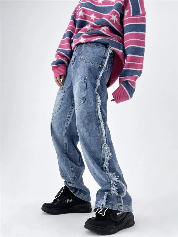 Vintage Jeans Y2K Mens Clothing Solid Color Straight Pants Button Pocket Raw Edge Washed Trousers Spring and Autumn A029 240830