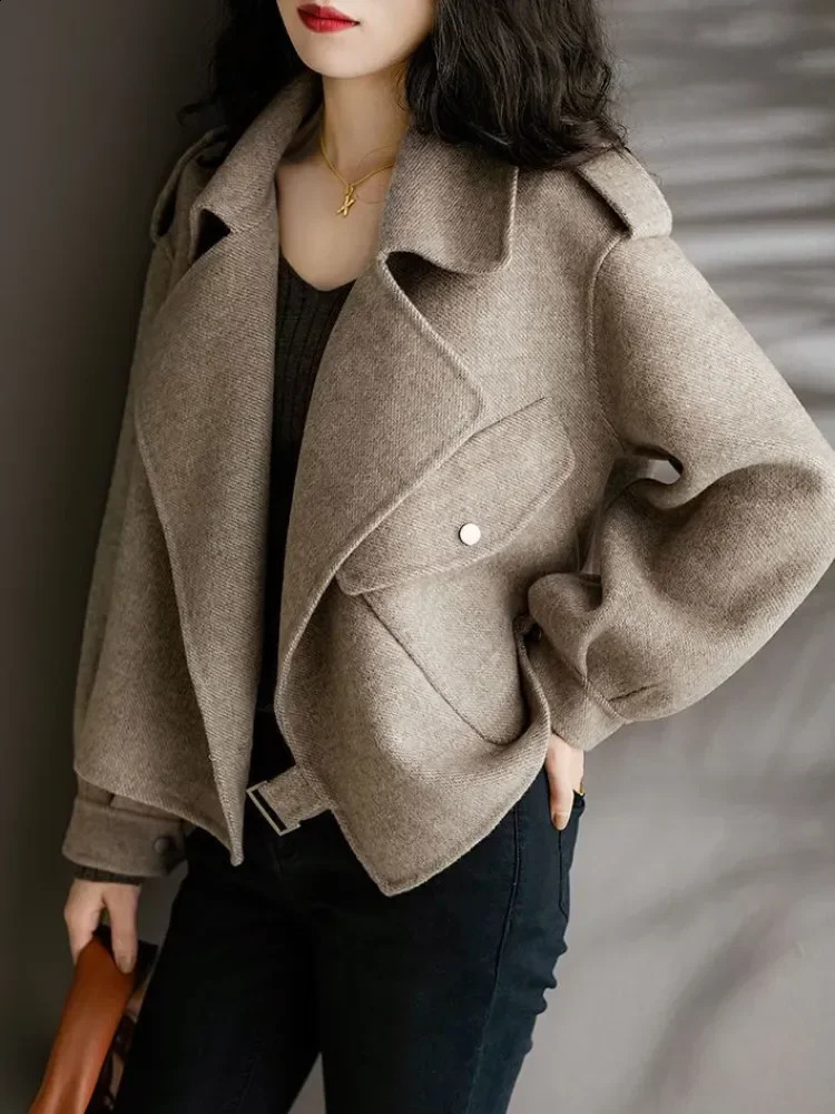 Womens Coat Woolen Blends Long Sleeve Autumn Short Coats Office Lady Turndown Collar Thick Loose Winter Jackets for Women 2023 240830