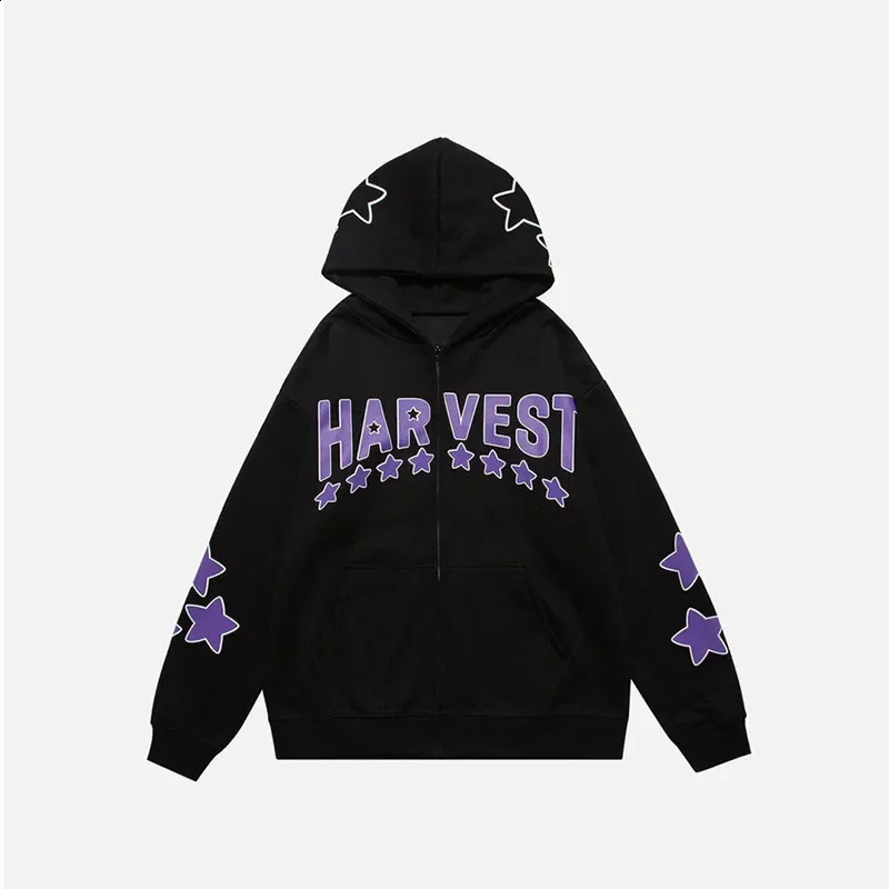 Y2k Star Letter Print Streetwear Sweatshirt Hip Hop Style Men Womens Cardigan Zip Up Hooded Shirt Fashionable Casual Jacket 240830