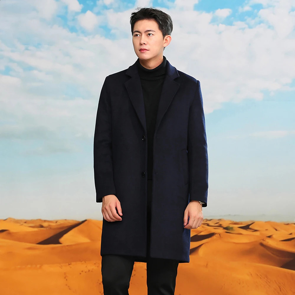 MidLength Wool Coat Mens Suit Collar Casual Black PlusSize Thick Cashmere Street Warm 240830