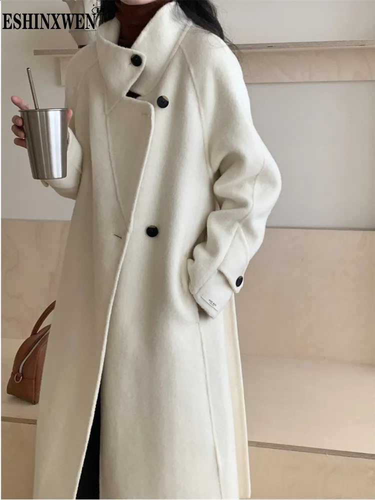 Eshin Stand Collar Solid Color Long Sleeve Single Breasted Loose Waist Woolen Coats For Women 2024 Autumn Fashion Female TH7836 240830