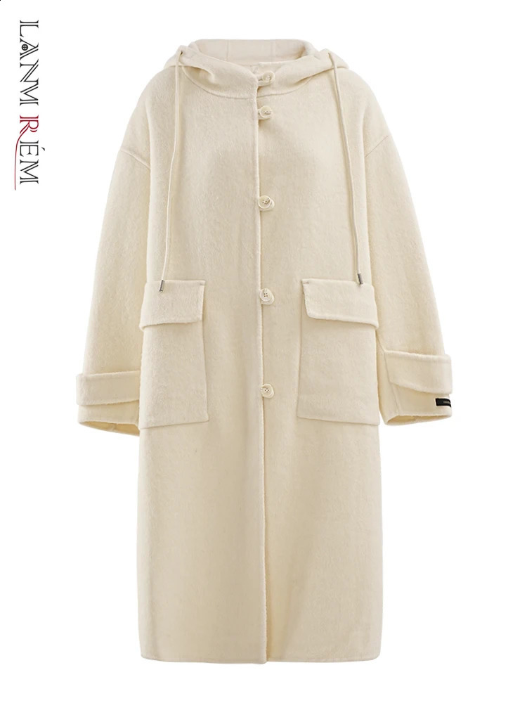 LANMREM Fashion Woolen Coat For Women Hooded Single Breasted Solid Color Mid Length Coats 2024 Autumn Clothing CPG1861 240830