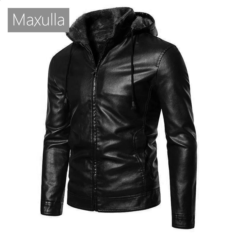 Maxulla Winter Mens PU Jacket Casual Man Warm Motorcycle Leather Coats Fashion Fleece Hooded Leather Jackets Mens Clothing 240830