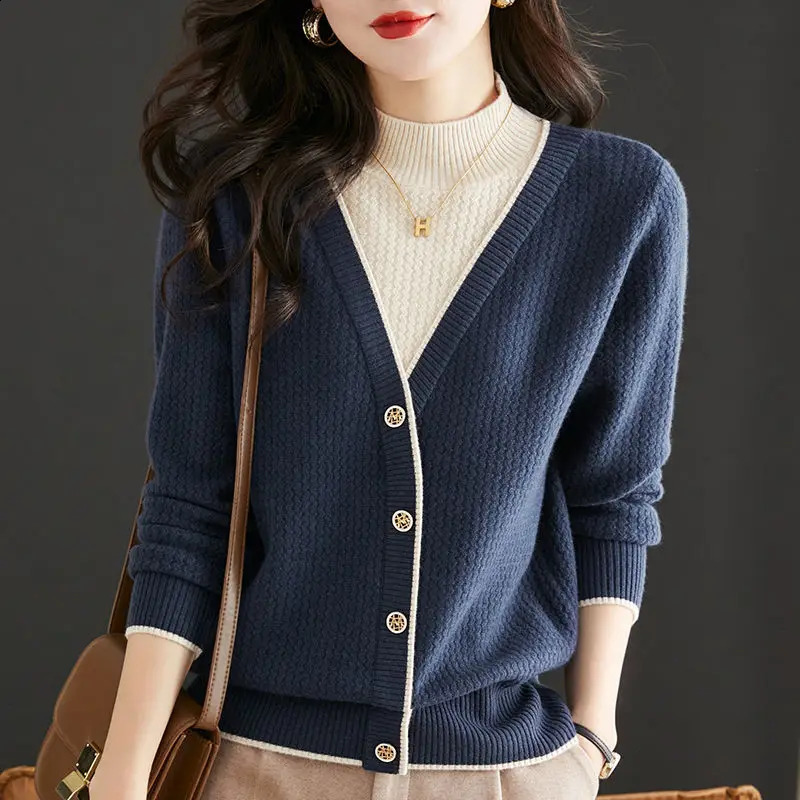 Autumn and Winter Womens Solid Color Patchwork false Two-piece High Neck Long Sleeved Single Breasted Casual Formal Tops 240830