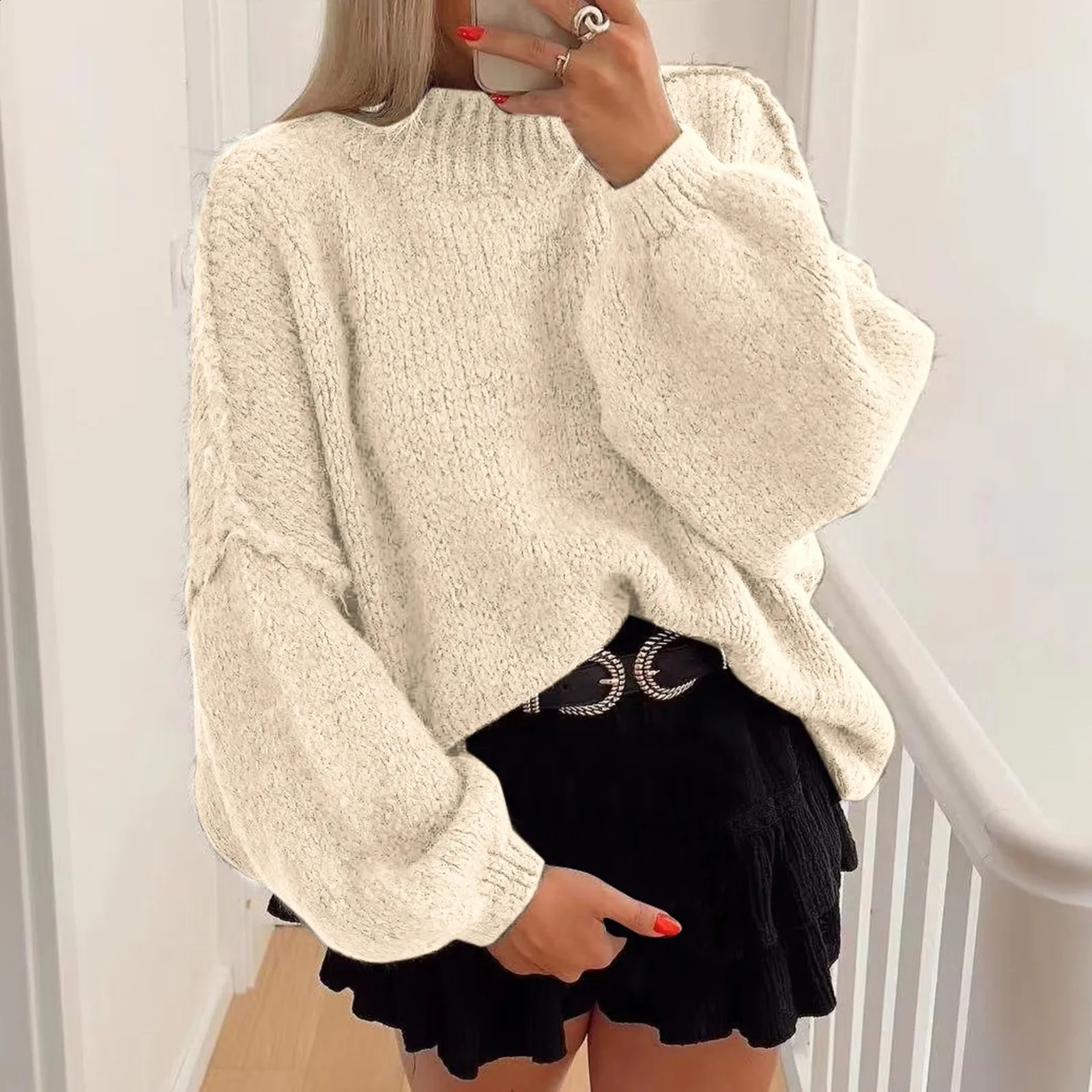 Tempérament de couleur massif des femmes Pull d'équipage en tricot coure de cou de mode lâche décontracté tout correspond à un pull chaud confort
