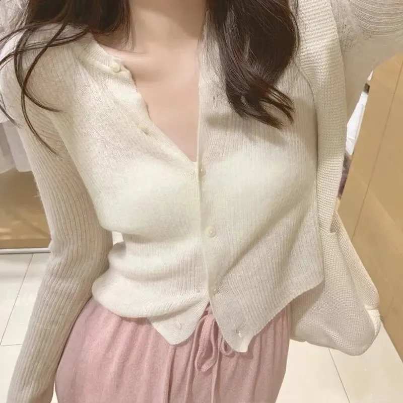 Fashion Spring 100% Merino Wool Womens O-neck Cardigan Cashmere Sweater Female Clothing Grace Knitwear Korean Tops 240830