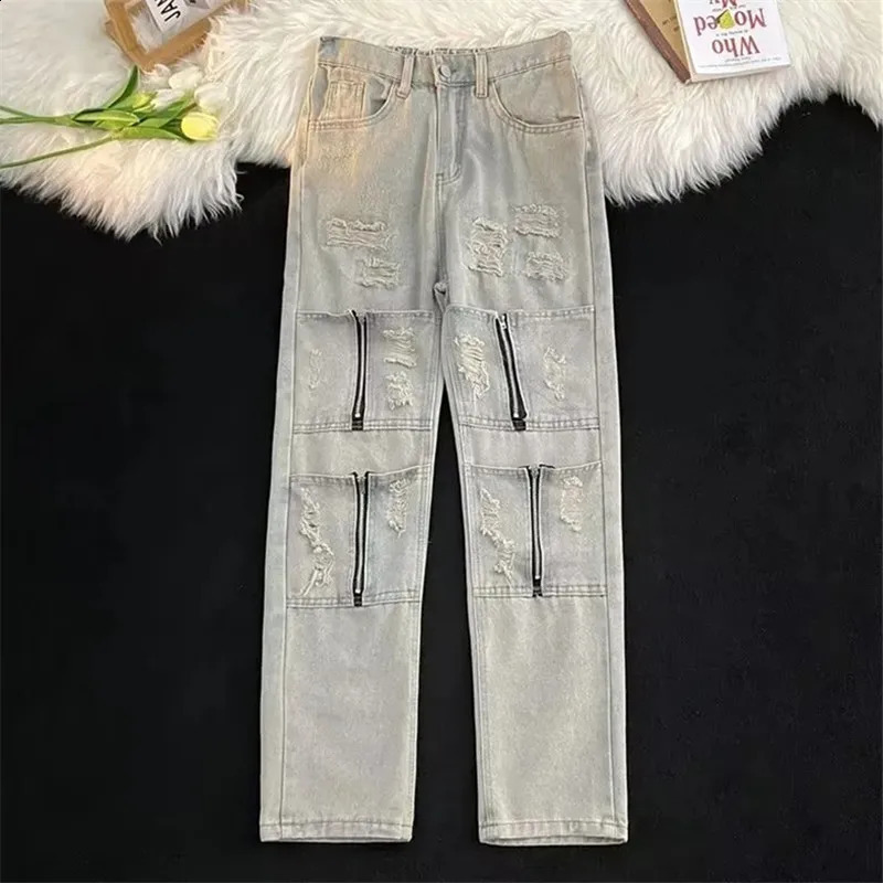 High Street Solid Color Jeans Mens Clothing Straight Pants with Zipper Holes Button Pockets Loose Y2K Trousers A043 240830