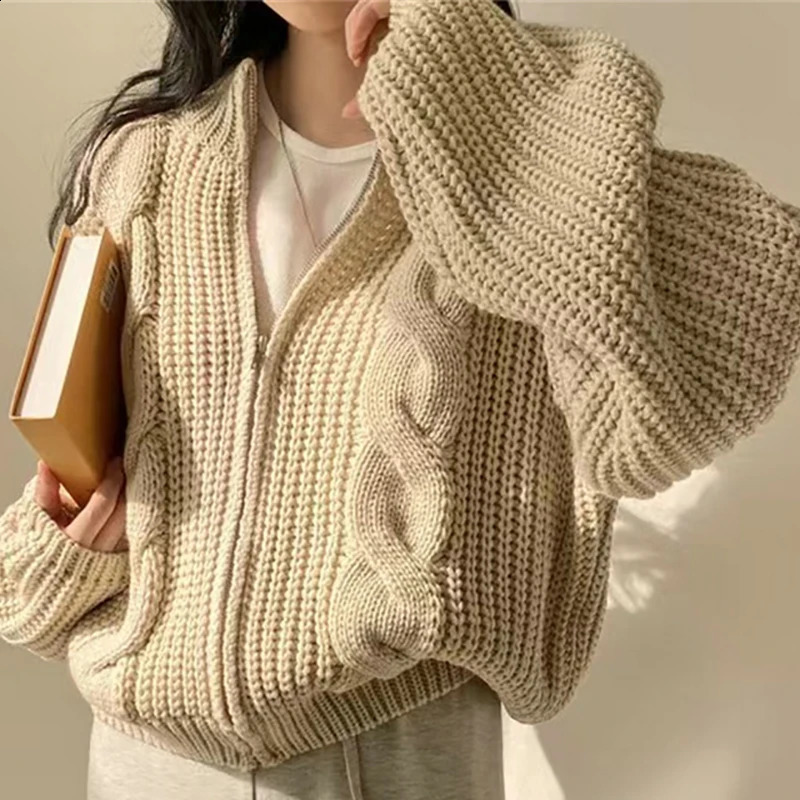 Femmes hélicoïdales Rible de fermeture éclair cardigan manteau lanterne manche en tricot pull chaud manteau solide de bureau décontracté veste fe