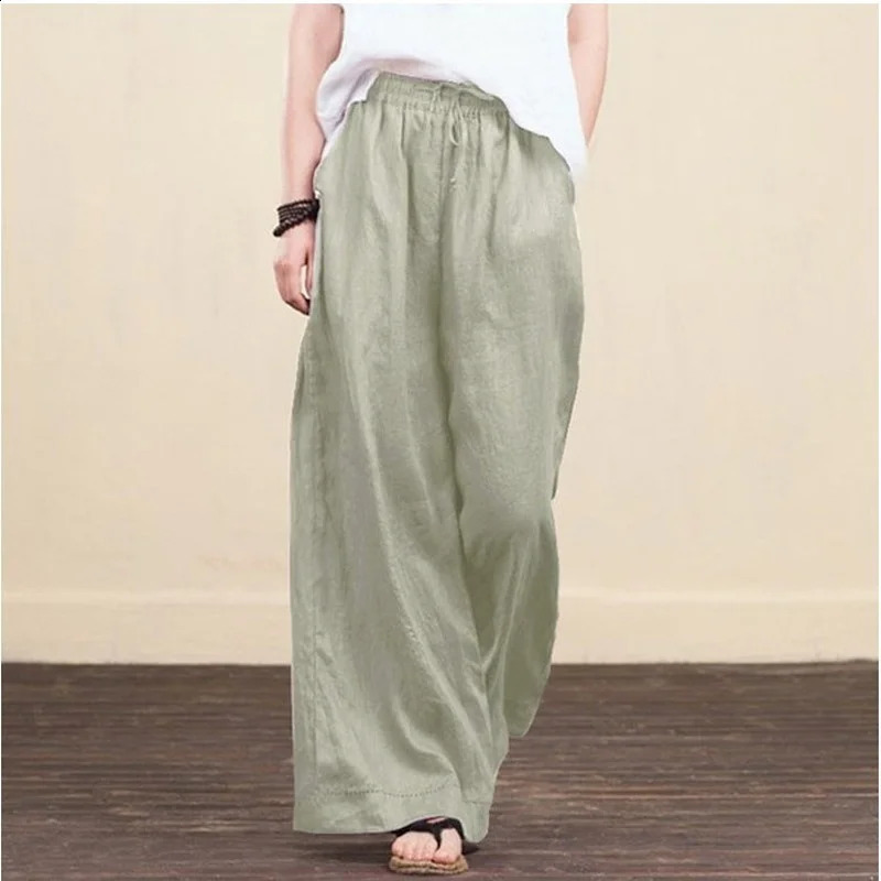 Womens wide leg pants solid loose pants cotton linen elastic waist casual pants retro mid waist pants 5XL 240830