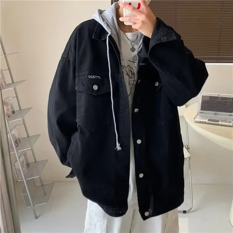 Trendy Hooded Denim Jacket For Men Loose-fit Casual Couple Workwear Spring Autumn Season Trendy Functional Bf Style Jacket 240830