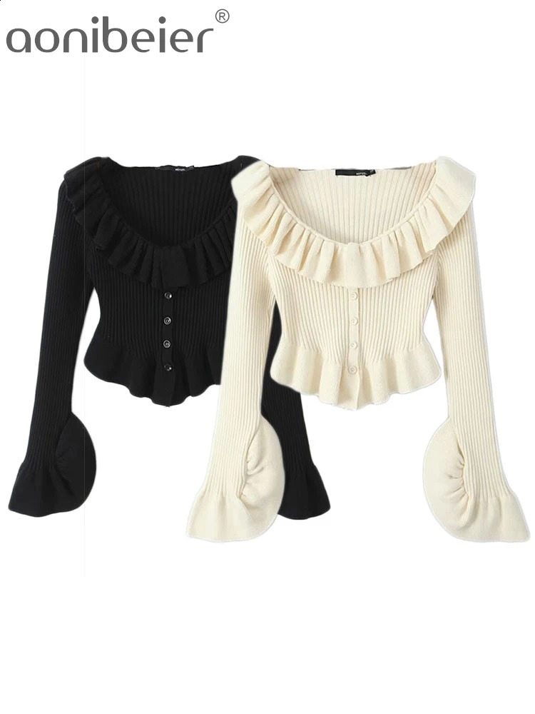 Aonibeier Minure Tricoted Women Cardigan Jacket Traf Temperment d'automne Tempérament à collier bas irrégulier Pull Slim Pull Y2K Crop Top 240830