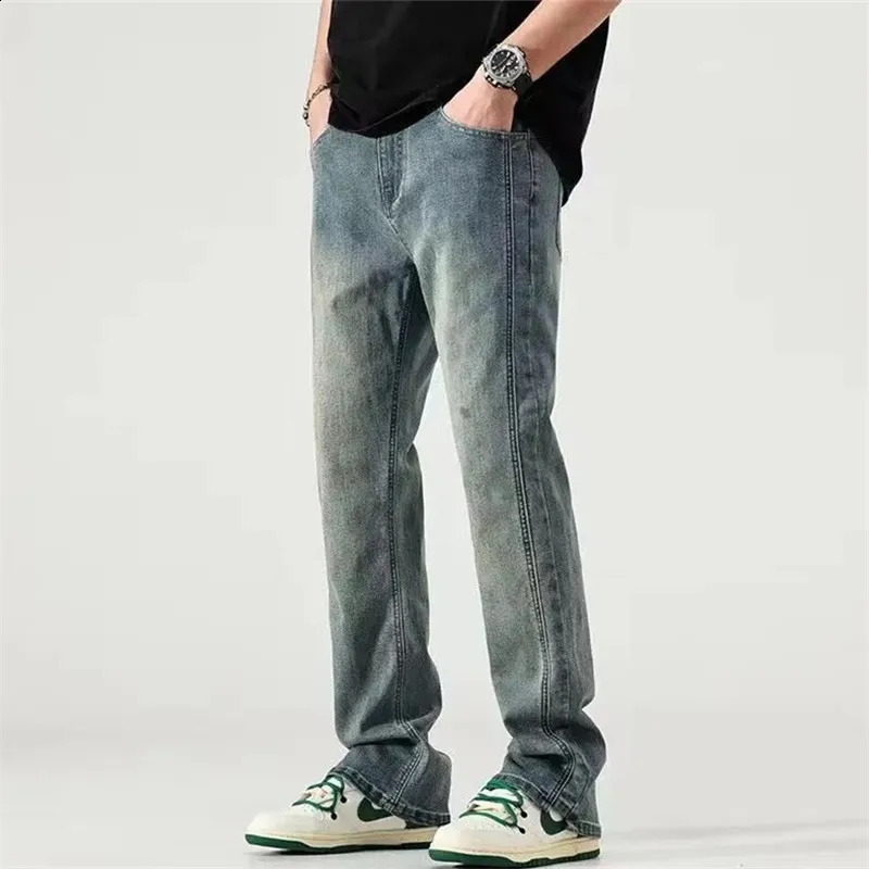 Jeans Mens Clothing Solid Color Stretch Straight Pants Y2K Button Pocket Stitching Loose Vintage Trousers A014 240830
