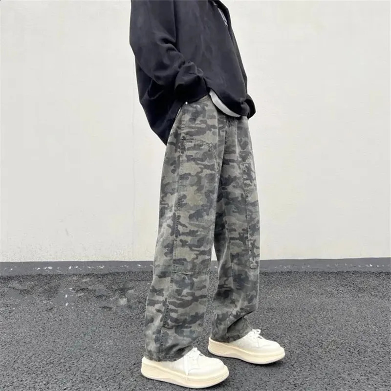 Camouflage Cargo Jeans Mens Clothing High Street Spring Summer Straight Pants Button Pocket Loose Trousers A037 240830