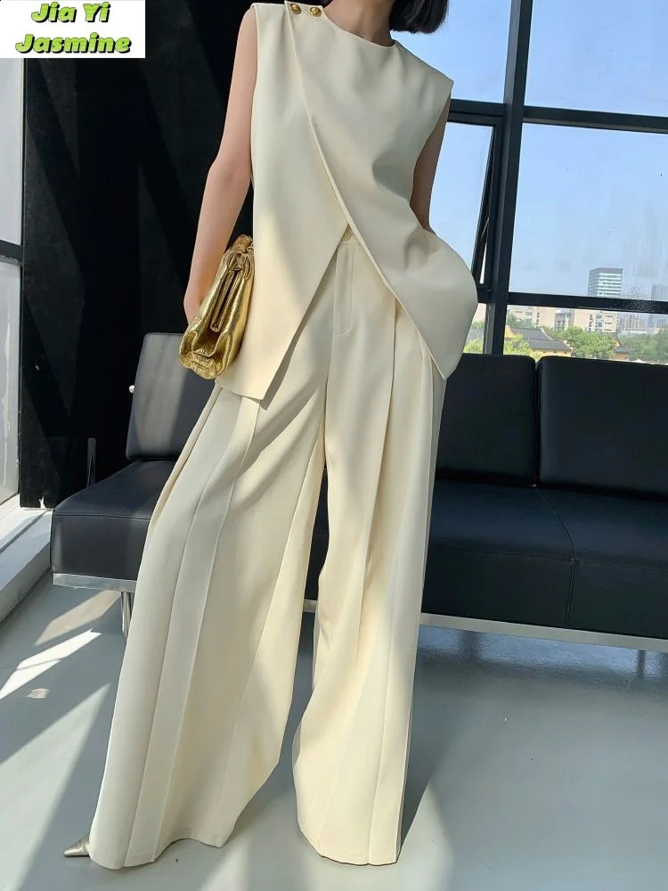 Fashion beige womens summer 2024 irregular sleeveless vest high waist wide leg pants 2-piece set 240830