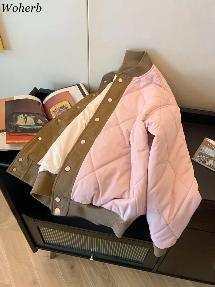 Winter Patchwork Vintage Jackets Fashion Casual Stand Neck Thicken Warm Women Parkas Y2K Single Breasted Loose Sweet Coats 240830