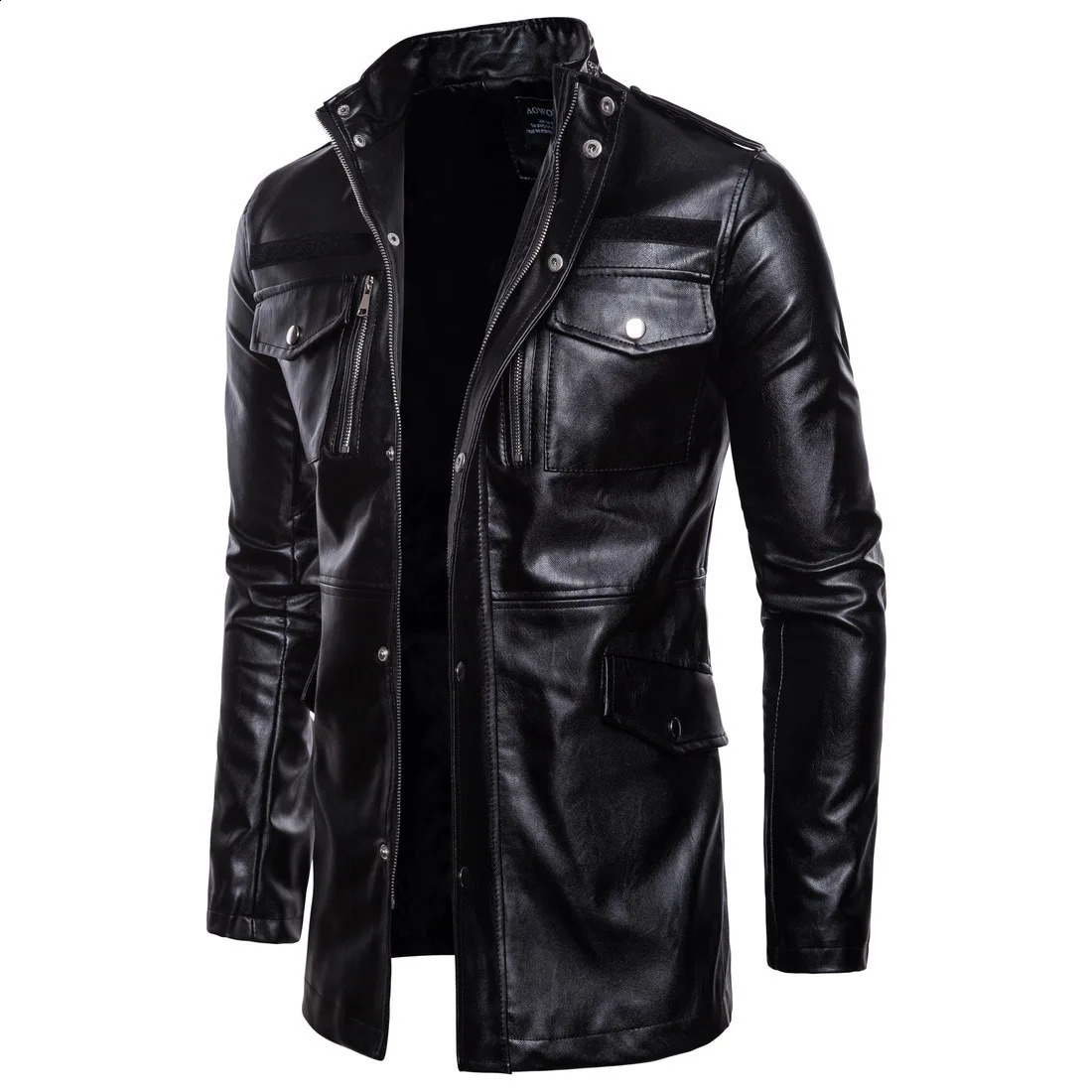 Medium Long Mens Leather Jacket Autumn and Winter Solid Color Stand Collar Multi Pocket Motorcycle Man Leather Jacket 240830