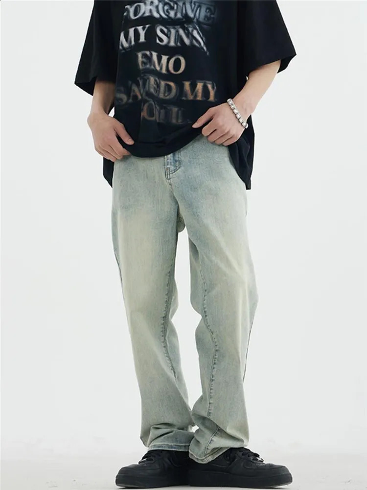 Spring and Autumn Jeans Mens Clothing Mud Yellow Wash Straight Pants High Street Button Pocket Micro Elastic Trousers A036 240830