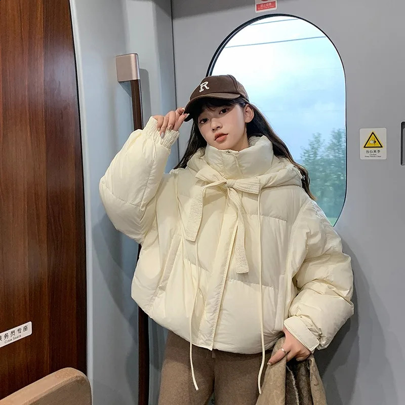 Down Jacket Short Parkas Women Korean Style Hooded Long Sleeve Bow Lace-up Solid Color Thickened Office Lady Cotton Coat Female 240830