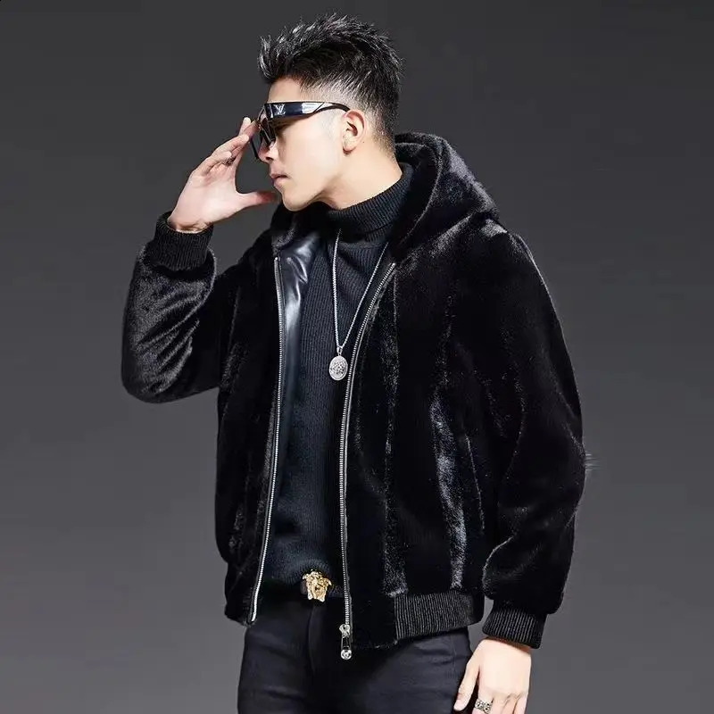 autumn winter mens leather jacket mens solid color hooded jacket mens long sleeved casual coat V137 240830