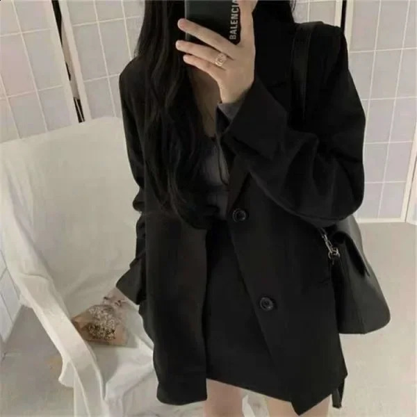 Fashionable Korean Style Loose-fit Black Suit Jacket For Women Spring Autumn Arrival Tweed Material Clothes 240830