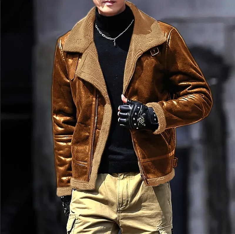 Mens classic wool lined leather jacket ultra-thin long sleeved zipper collar wool PU jacket thick and warm motorcycle jacket 240830