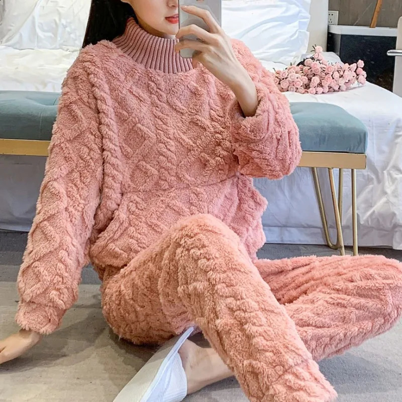 Womens Winter Warm Pajama Set Comfortable Long Sleeve Solid Color Jacquard Thick Wool Pulling Flower 2-piece Set 240830