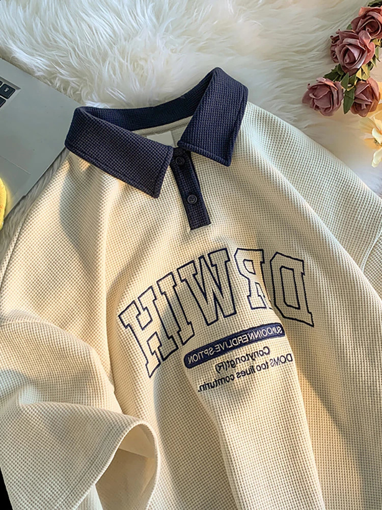 Preppy Tshirt Polo Short Sleeve Top Female Harajuku Vintage Letter Chic High Street Tops Ladies Oversize Tees Streetwear 240830