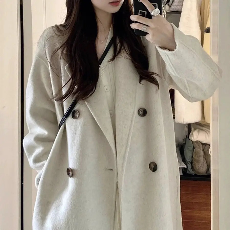 2023 Autumn Women Woolen Coat Fashion Drouble Breasted Loose Style Winter Clothes Long Coats Tops y240830
