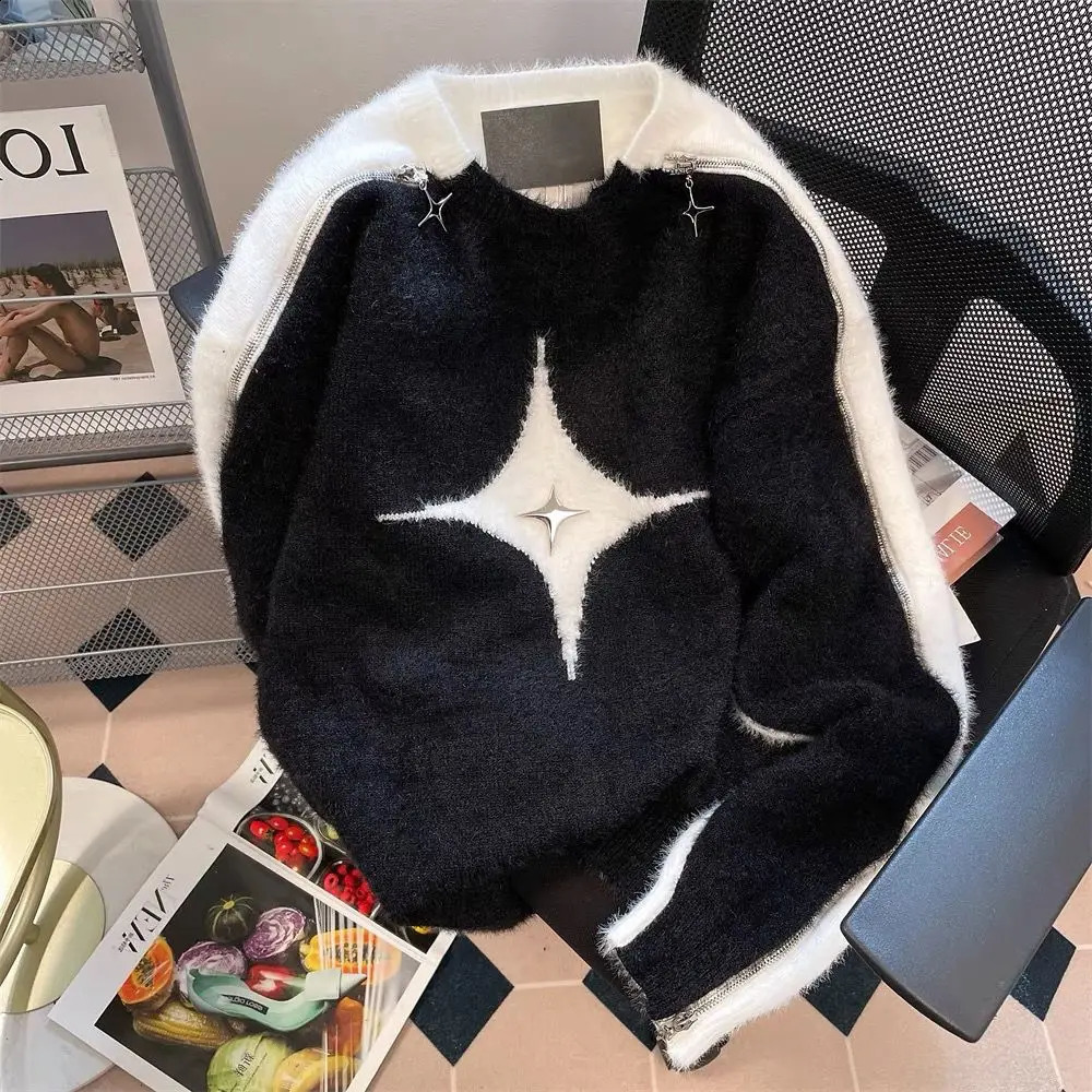Harajuku Retro Y2k Oversized Star Strapless Sweaters Long Sleeve Pullover Lazy Style Casual Hip Hop Sweater Men Women Streetwear 240830