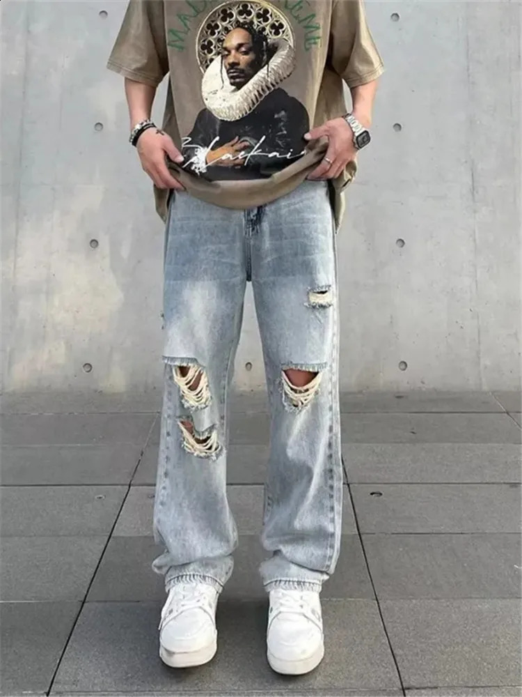 Summer Mens Ripped Jeans Blue Loose Fit Hole Wide-leg Pants Casual Fashion Trousers Streetwear High quality Denim Man Clothing 240830