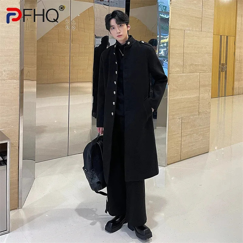 PFHQ Mens Autumn Winter Woolen Coat Long Windbreaker Thick 2024 Darkwear Korea Fashion Male Trench 21Z6036 240830
