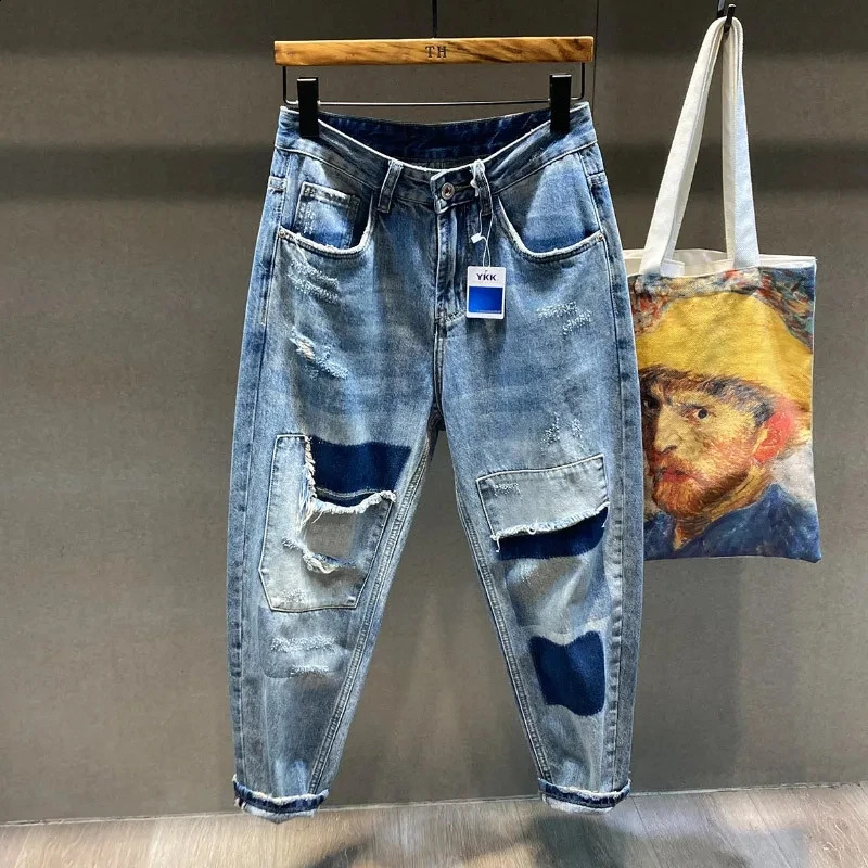 Spring Blue Ripped Hole Jeans Mens Elastic Slim Stitching Patch Korean Fashion Male Clothing Denim Trousers Streetwear 240830