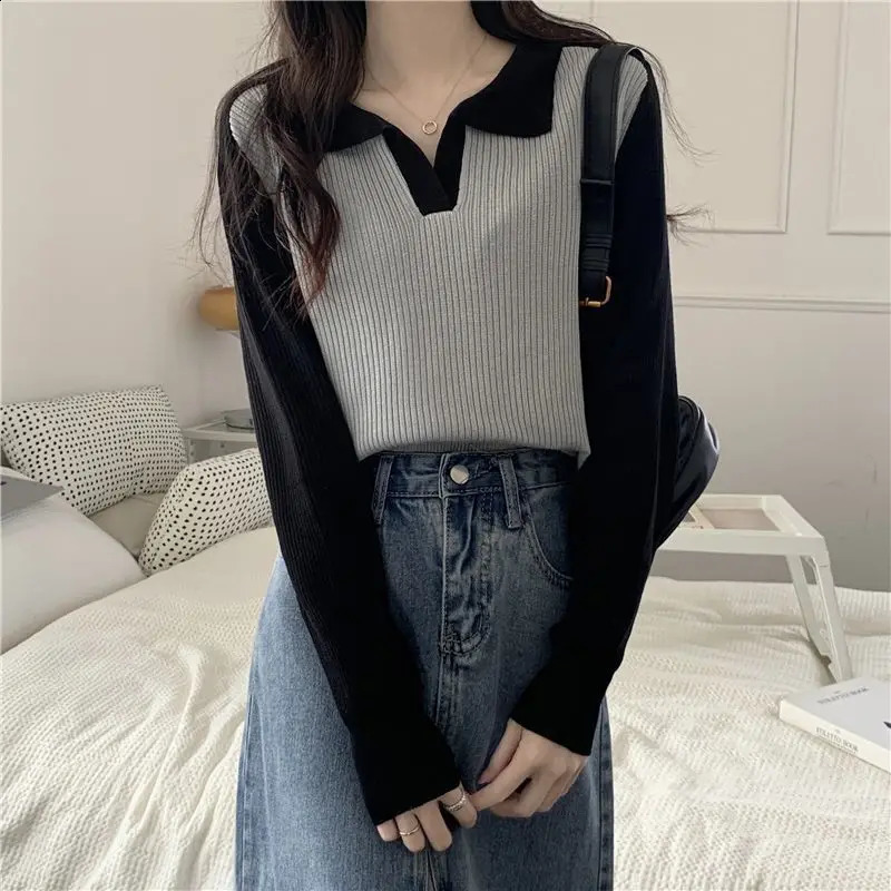 Autumn Fashion Versatile Korean Sweater Simple Polo Collar Color Block Long Sleeve Womens Patchwork Pullover Loose Knit Top 240830