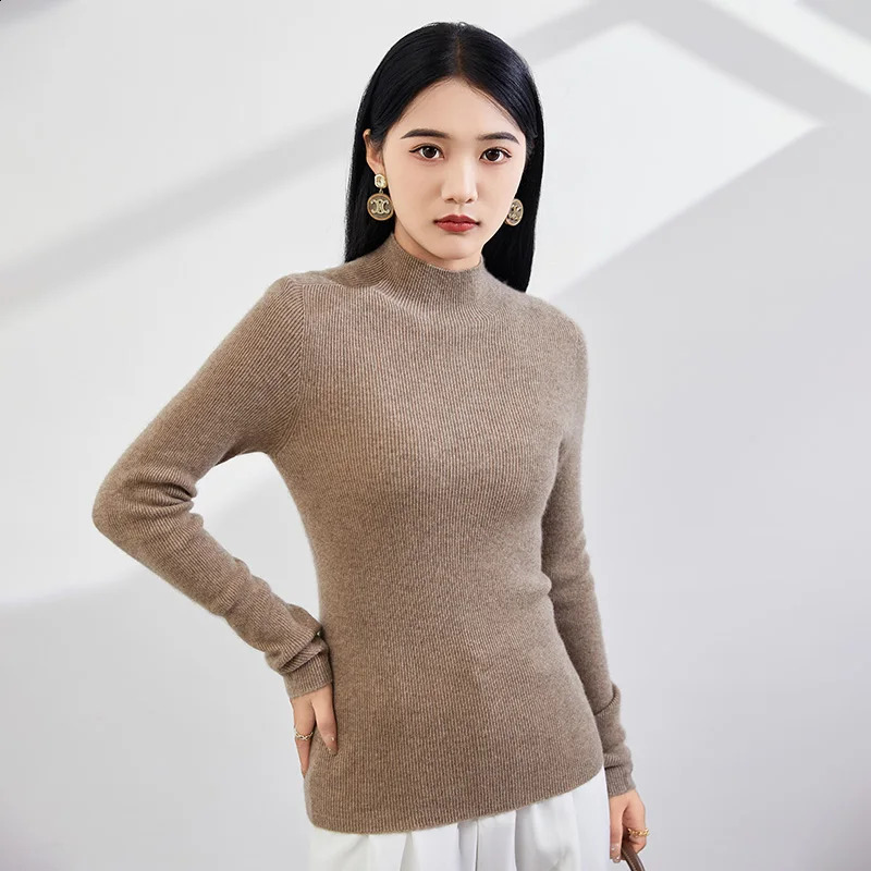 PureCashmere Sweater With A Semi High Neck And 100 Cashmere Slim fit Versatile Knit Base Sweater for Women 240830