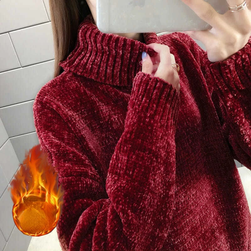 Chenille Turtleneck Sweater for Women Autumn Winter Korean Style Solid Color Thick Pullover Sweater Loose Lazy Style Sweater 240830