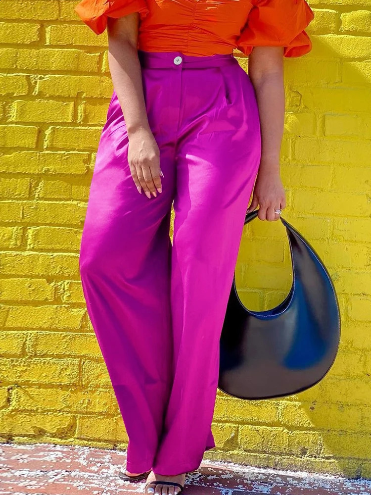 Womens pants high waist shiny wide legs elegant and casual with zipper elastic waist fashionable office business for African women 240830